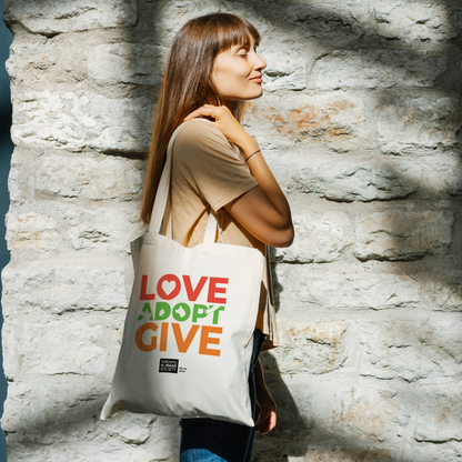 Natural Tote Bag - Love, Adopt, Give/Colours